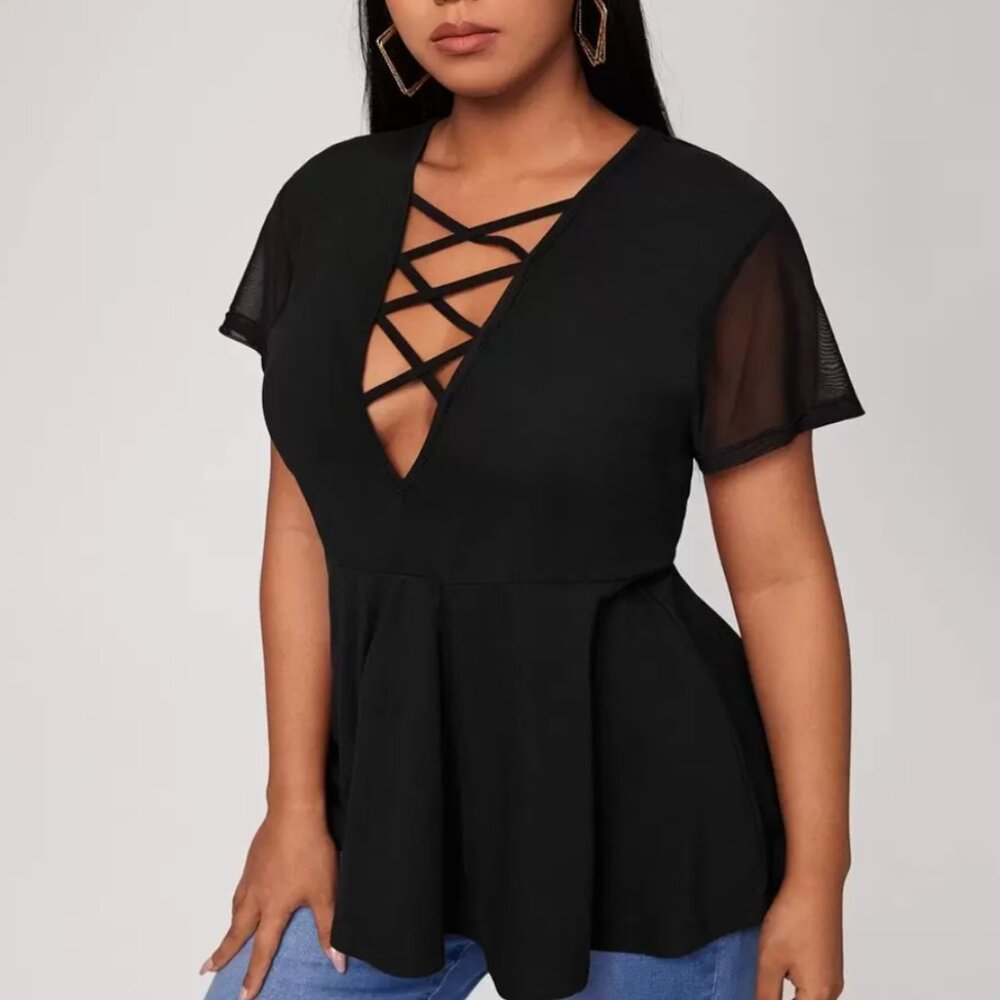 Plunging Neck Criss Cross Front Babydoll Tee